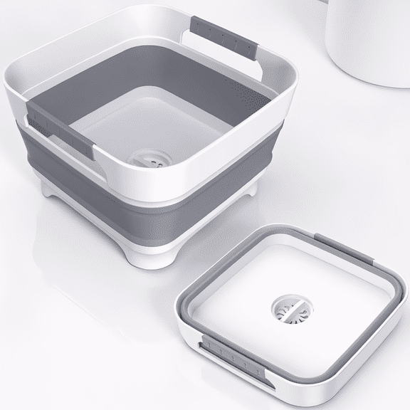 1-Pack 9L Collapsible Dish Basin with Drain , Foldable Portable Sink for Kitchen, Camping and RV, Gray