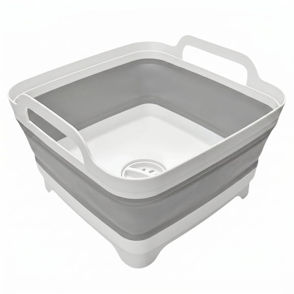 1-Pack 9L Collapsible Wash Basin with Drain Plug, Foldable Dish Tub for Camping, Kitchen and Laundry Use, Gray