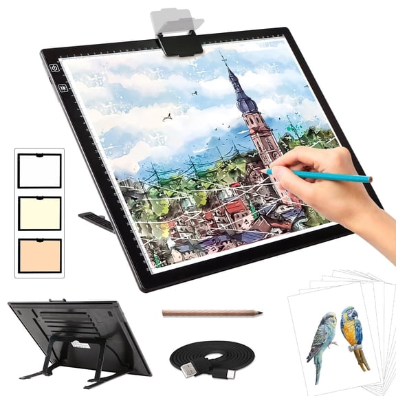 1 Pack A3 Rechargeable LED Light Pad with Stand and , 3 Color Modes, 6 Brightness Levels, Light Box for Painting, Tracing, Sketching, Animation