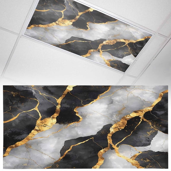 1 Pack Abstract Art Fluorescent Light Covers for Ceiling Lights Gold Black Gradient Marbling Water Ripple Magnetic Ceiling Light Covers Overhead Light Filters for Office Classroom Home