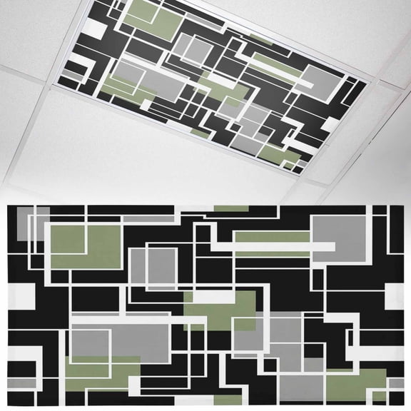 1 Pack Abstract Lines Fluorescent Light Covers for Ceiling Lights Black Gray Green Rectangle Geometric Modern Magnetic Ceiling Light Covers Overhead Light Filters for Office Classroom Home