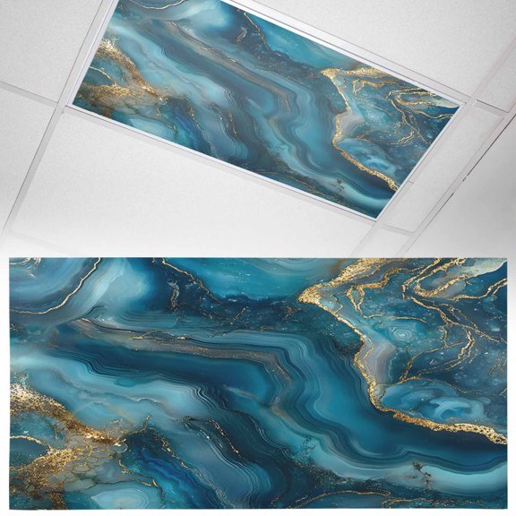 1 Pack Abstract Marble Texture Fluorescent Light Covers for Ceiling Lights Gradient Gold Deep Blue Art Magnetic Ceiling Light Covers Overhead Light Filters for Office Classroom Home