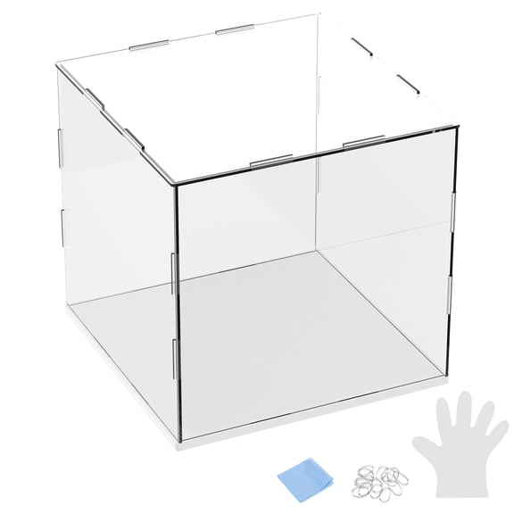 1-Pack Acrylic Display Case, 7.9x7.9x7.9 Inch/20x20x20cm Acrylic Clear Display Case Box with Black Wooden Base [White, Clear]