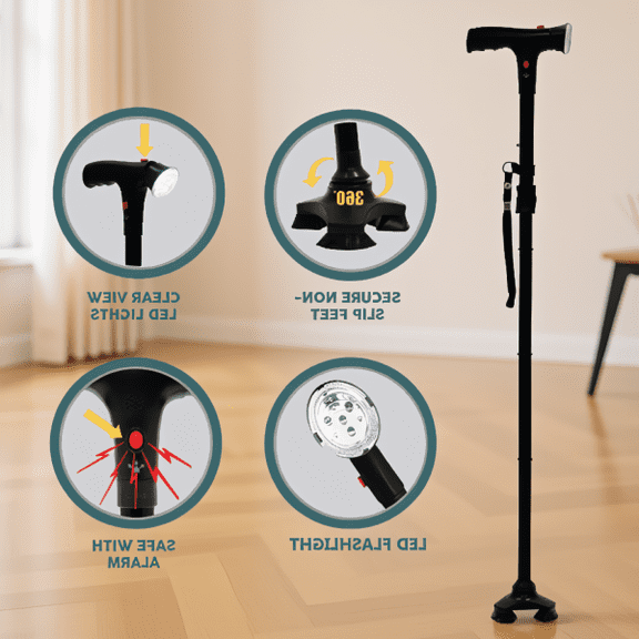 1-Pack Adjustable Folding Walking Cane with LED Light and Alarm, 5-Level Height Adjustment and Anti-Skid Quad Base