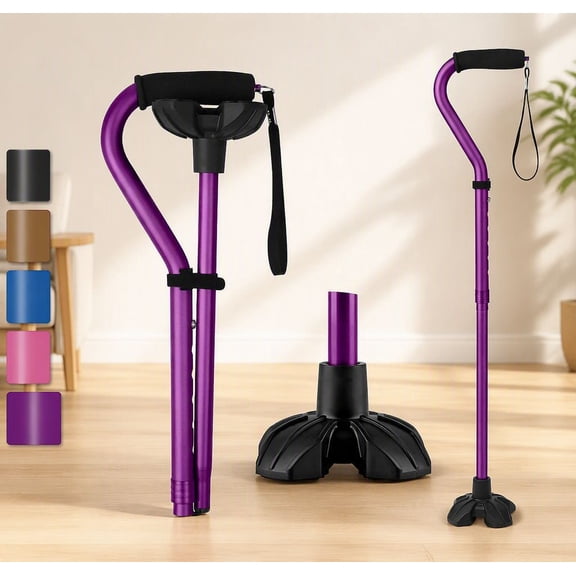 1-Pack Adjustable Quad Base Walking Cane, Foldable Aluminum Walking Stick with Foam Handle for Seniors, Supports Up to 300 lbs