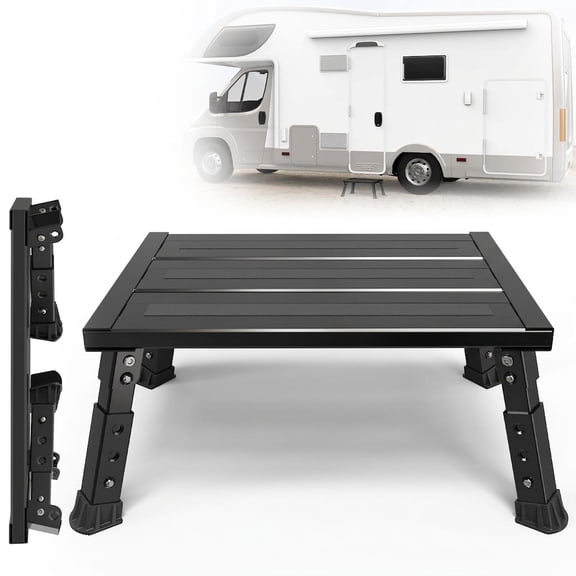 1 Pack Adjustable RV Step Stool, Wide Anti-Slip Platform, Foldable , 8-10 Inch Height, Aluminum, Black