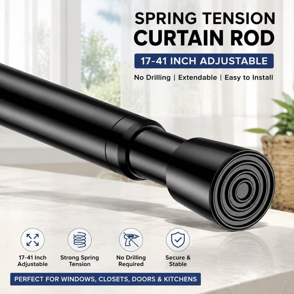 1 Pack Adjustable Spring Tension Curtain Rod 17-41 Inch Black Extendable Non-Drilling Window Door Closet Curtain Rod