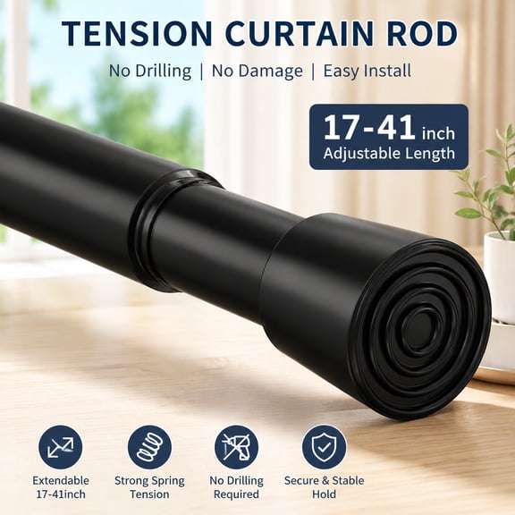 1 Pack Adjustable Spring Tension Curtain Rod 17-41 Inch White Extendable No Drilling Window Rod Bathroom Closet Doorway Kitchen