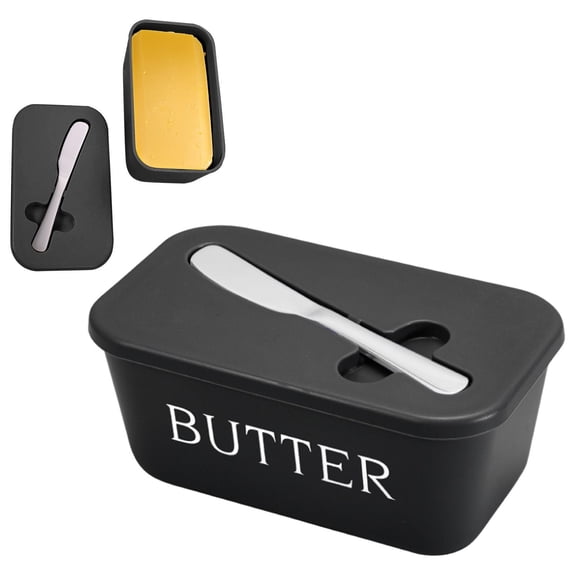 1 Pack Airtight Butter Dish with Lid and Spreader, Durable Butter Keeper and Kitchen Storage Container for Countertop and Refrigerator, 16.8x9.8x7.3 cm (Black)