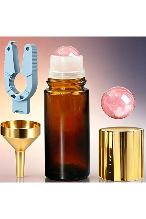 1 Pack 50ml Amber Glass roll on Container, Rose Quartz Crystal Roller Ball, Leak-Proof Refillable Vessel with Gold Cap for diy & travel