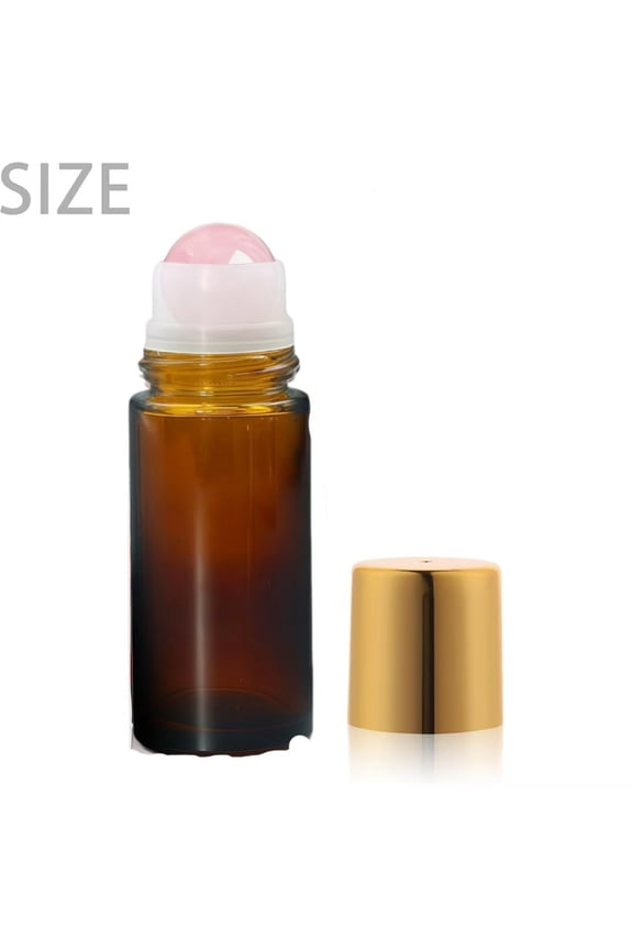 1 Pack Amber Glass Essential Oil Roller Bottle 50ml Rose Quartz Roll On Bottle with Crystal Roller Ball, Leak-Proof Refillable Perfume Container with Gold Cap for DIY & Travel