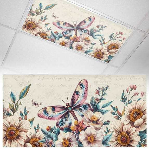 1 Pack American Vintage Flowers Fluorescent Light Covers for Ceiling Lights Country Butterflies Text Texture Magnetic Ceiling Light Covers Overhead Light Filters for Office Classroom Home