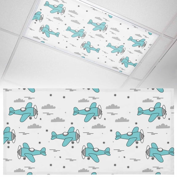 1 Pack Art Aircraft Fluorescent Light Covers for Ceiling Lights Blue Cartoon Airplane Gray Clouds Watercolor Magnetic Ceiling Light Covers Overhead Light Filters for Office Classroom Home