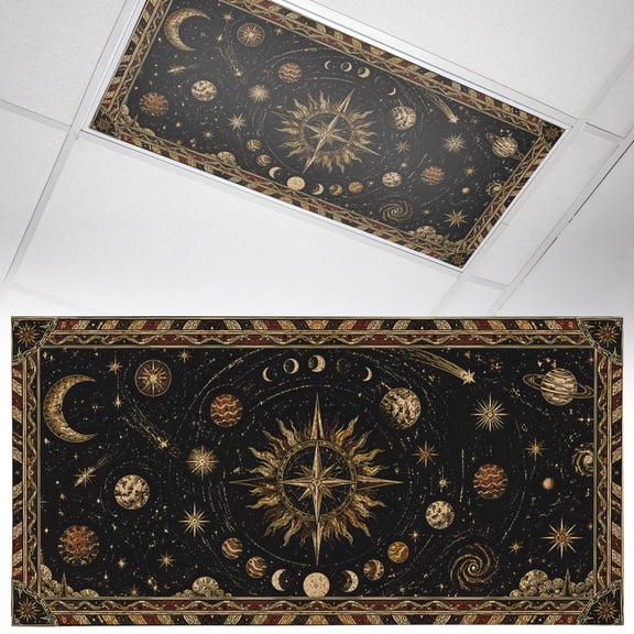 1 Pack Astrological Fluorescent Light Covers for Ceiling Lights Ring of Moon Phases Amber Gold Planets Goth Esoteric Magnetic Ceiling Light Covers Overhead Light Filters for Office Classroom Home