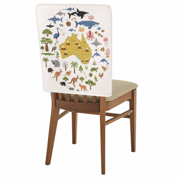 1 Pack Australia Map Section Chair Back Covers Cartoon Marine Life Cute Koala Kangaroo Stretchable Removable Chair Slipcovers Washable Seat Covers for Dining Room Kitchen Restaurant 19 x 18 Inch