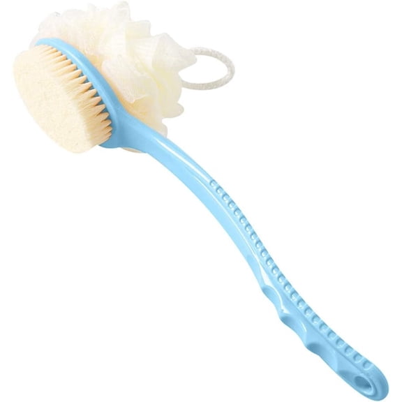 1 Pack Back Scrubber for Shower, Bath Sponge Shower Body Brush with Bristles and Loofah, Back Brush Long Handle for Shower Exfoliating Body Brush for Men and Women,Wet or Dry (Blue)