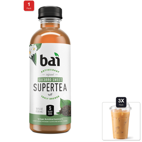 1 Pack | Bai Iced Tea, Socorro Sweet, Antioxidant Infused Supertea, 18 Fluid Ounce Bottle & 3x 16oz Plastic Cup with Strawless Sip-Lid