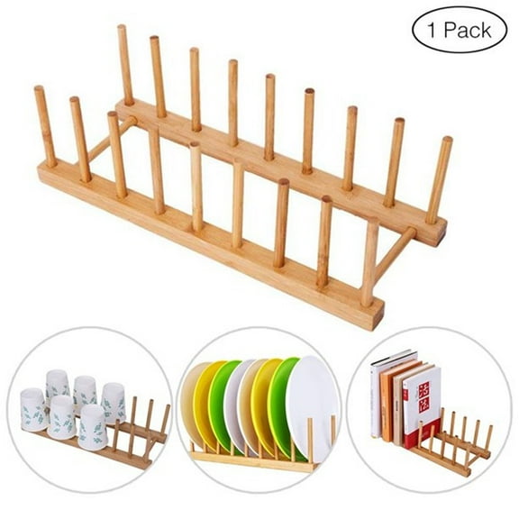 1 Pack Bamboo Wooden Dish Rack - Plate Rack Stand Pot Lid Holder, Kitchen Cabinet Organizer for Bowl, Cup, Cutting Board and More