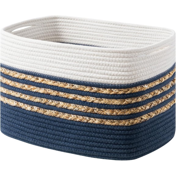 1 Pack Baskets for Organizing, Woven Storage Baskets for Toys and Towel, Rectangle  Rope Basket with Handles, 14''L x 8''W x9''H, Navy Blue