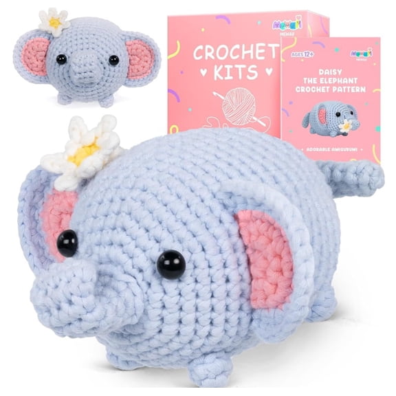 1-Pack Beginner Crochet Kit Elephant Amigurumi Set, Step-by-Step Video Tutorial + Patterns, Easy Yarn Included, Learn to Crochet Gift for Adults & Kids TIKA