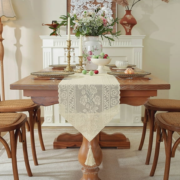 1 Pack Beige Macrame Lace Table Runner Doilies for Table, Lace Tassels Dresser Scarf for Wedding Party Dining Banquet Decor