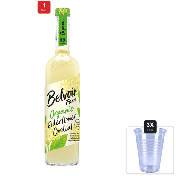 1 Pack | Belvoir Organic Elderflower Cordial, 500 Ml & 3x Disposable Cup