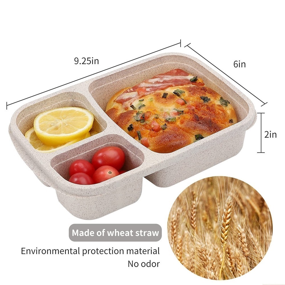 1 Pack Bento Lunch Box Set 3 Compartment Wheat Straw Meal Prep Food ...