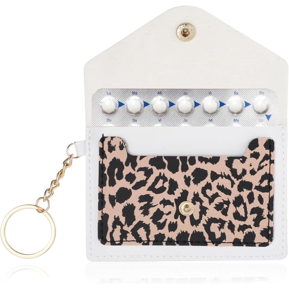 1 Pack Birth Control Pill Case Sleeve Packet 4.3 X 3 Inch PU Leather Wallet Pill Holder Privacy Protection Birth Control Pill Wallet with Key Ring for Pill Card Organizer, White