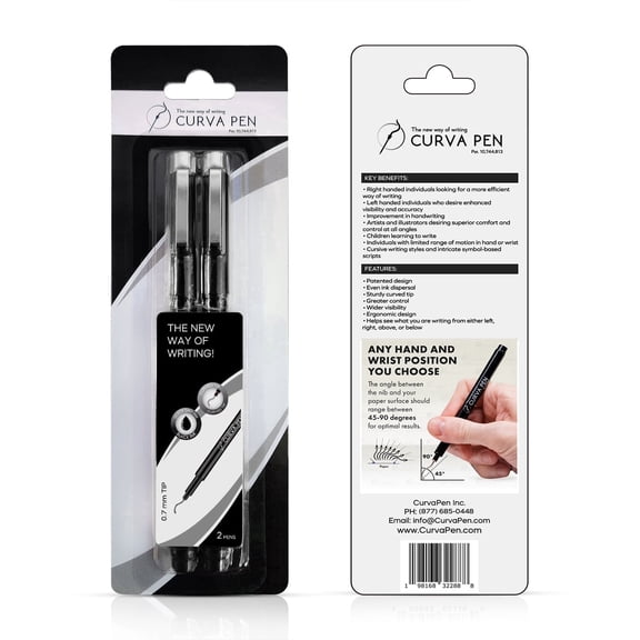 CurvaPen Ergonomic Pens for Left and Right-Handed Writing and Drawing, Patented Curved Nib, 0.7mm Black Ink, Black Body, 2 Count