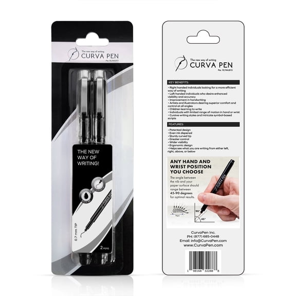 CurvaPen Ergonomic Pens for Left and Right-Handed Writing and Drawing, Patented Curved Nib, 0.7mm Black Ink, Black Body, 2 Count