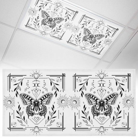 1 Pack Black and Fluorescent Light Covers for Ceiling Lights White Frame Butterfly Sun Moon Magnetic Ceiling Light Covers Overhead Light Filters for Office Classroom Home