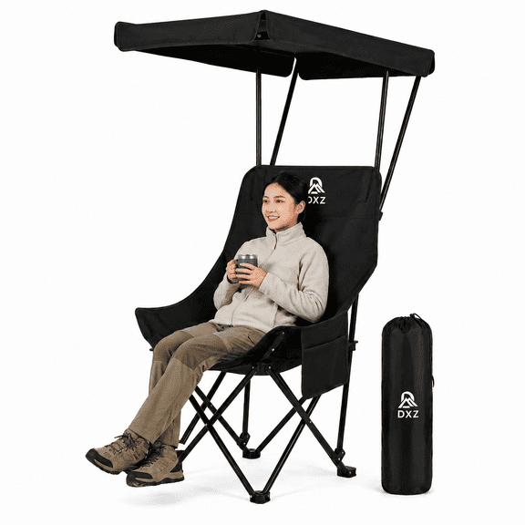 1 Pack Black Foldable Camping Chair with Adjustable Detachable Sun Canopy, Oversized Portable Outdoor Lawn Chair with Side Storage Pocket, Fold Up Patio Beach Fishing Lounge Chair with Carry Bag