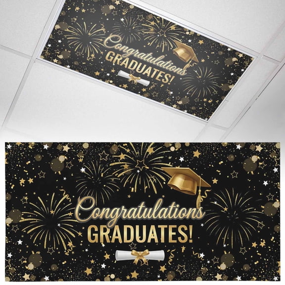 1 Pack Black Gold Graduation Cap Fluorescent Light Covers for Ceiling Lights Graduates Celebration Fireworks Classic Magnetic Ceiling Light Covers Overhead Light Filters for Office Classroom Home