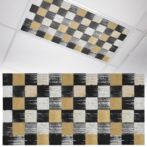 1 Pack Black Gold Mosaic Fluorescent Light Covers for Ceiling Lights Rustic Abstract Checkerboard Grids Magnetic Ceiling Light Covers Overhead Light Filters for Office Classroom Home