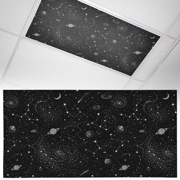 1 Pack Black Night Sky Fluorescent Light Covers for Ceiling Lights Mythical Ringed Planets Star Spiral Galaxies Goth Magnetic Ceiling Light Covers Overhead Light Filters for Office Classroom Home