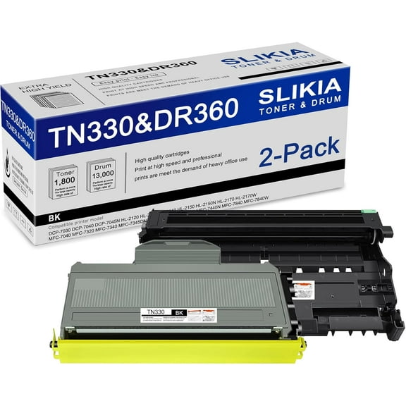 1 Pack Black TN330 Toner Cartridge and 1 Pack Black DR360 Drum Unit: Compatible TN330 DR360 Replacement for Brother DCP-7030 7040 7045N HL-2120 2125 2140 2150N 2170W MFC-7040 7320 7340 7840W Printer