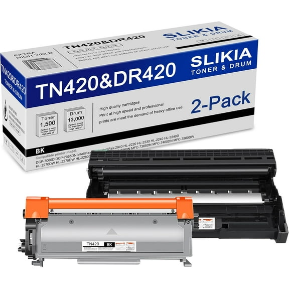 1 Pack Black TN420 Toner Cartridge and 1 Pack Black DR420 Drum Unit: Compatible TN420 DR420 Replacement for Brother DCP-7060D 7065DN IntelliFax-2840 2940 HL-2220 2240D 2270DW MFC-7240 7860DW Printer