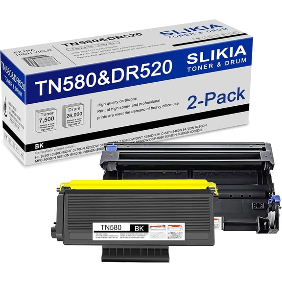 1 Pack Black TN580 Toner Cartridge and 1 Pack Black DR520 Drum Unit: Compatible TN580 DR520 Replacement for Brother HL-5240H 5280DW 5380DN MFC-8370 8470DN 8480DN 8680DN DCP-8060 8065DN 8080DN Printer