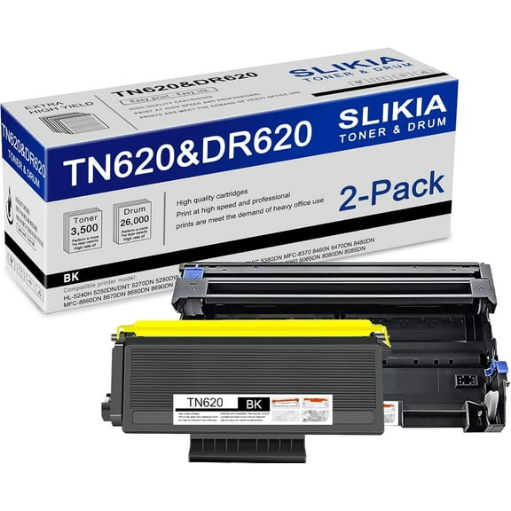 1 Pack Black TN620 Toner Cartridge and 1 Pack Black DR620 Drum Unit: Compatible TN620 DR620 Replacement for Brother HL-5240H 5280DW 5380DN MFC-8370 8470DN 8480DN 8680DN DCP-8060 8065DN 8080DN Printer