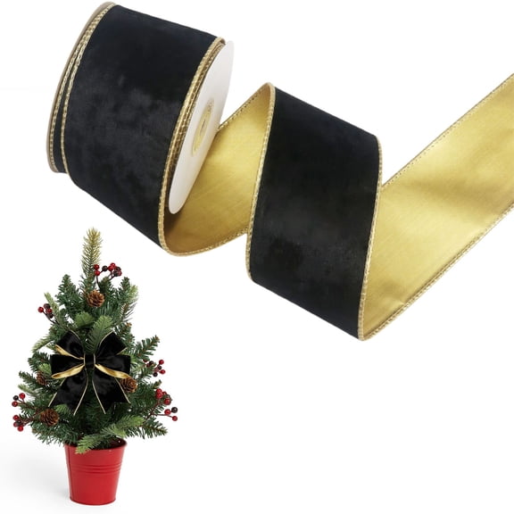 1Pack Black Velvet Wired Ribbon Roll, Gold Trim Edge Fabric Ribbon for Christmas Gift Wreath Bow Holiday Craft Decoration