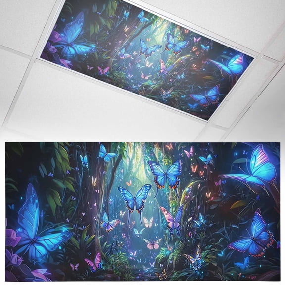 1 Pack Blue Butterfly Fluorescent Light Covers for Ceiling Lights Dream Flower Forest Tree Plant Nature Magnetic Ceiling Light Covers Overhead Light Filters for Office Classroom Home