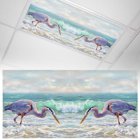 1 Pack Blue Heron Fluorescent Light Covers for Ceiling Lights Coastal Ocean Waves Bird Water Splash Realistic Style Magnetic Ceiling Light Covers Overhead Light Filters for Office Classroom Home