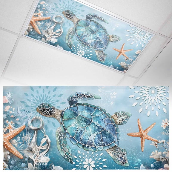 1 Pack Blue Ocean Fluorescent Light Covers for Ceiling Lights Sea Turtle Coral Starfish Seashell Magnetic Ceiling Light Covers Overhead Light Filters for Office Classroom Home