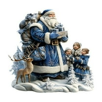 1 Pack Blue Santa Claus Standee, Father Christmas with Kids Statue, 7.9 inch, 2D Acrylic Flat Tabletop Decor, Winter Holiday Desk Ornament, Creative Gift Figure, Blue, Acrylic