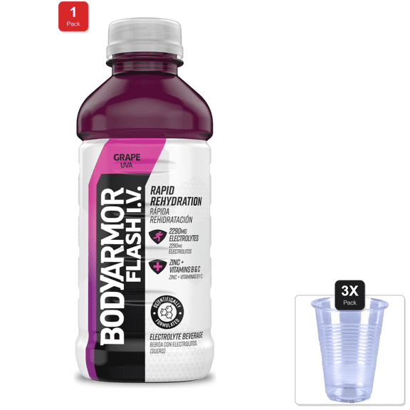 1 Pack | Body Armor, Flash Iv Grape Electrolyte Beverage, 20 Fl Oz & 3x 9oz Disposable Plastic Cups