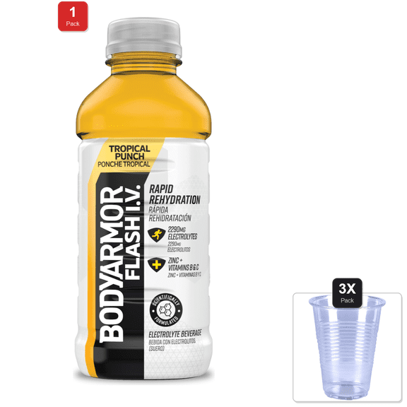 1 Pack | Body Armor, Flash Iv Tropical Punch Electrolyte Beverage, 20 Fl Oz & 3x 9oz Disposable Plastic Cups