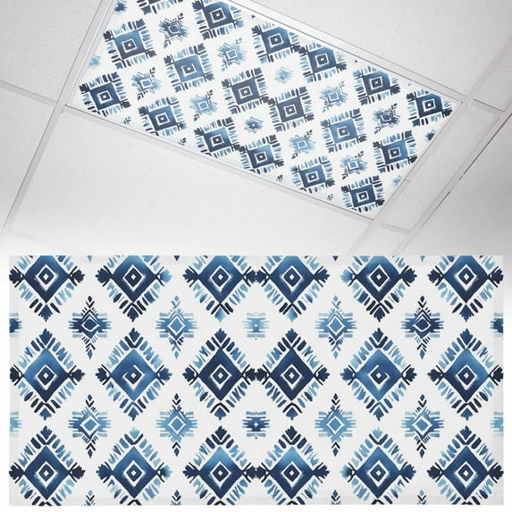 1 Pack Bohemia Fluorescent Light Covers for Ceiling Lights Blue Argyle Pattern Ethnic Style Retro Abstract Magnetic Ceiling Light Covers Overhead Light Filters for Office Classroom Home