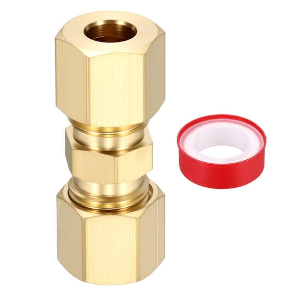 1 Pack Brass Compression Tube Pipe Fitting, 1/2" OD Compression Union Connector, Straight Coupling Adapter Pipe Fitting with Double Ferrules Tape for Air, Water, Oil, Pipelines