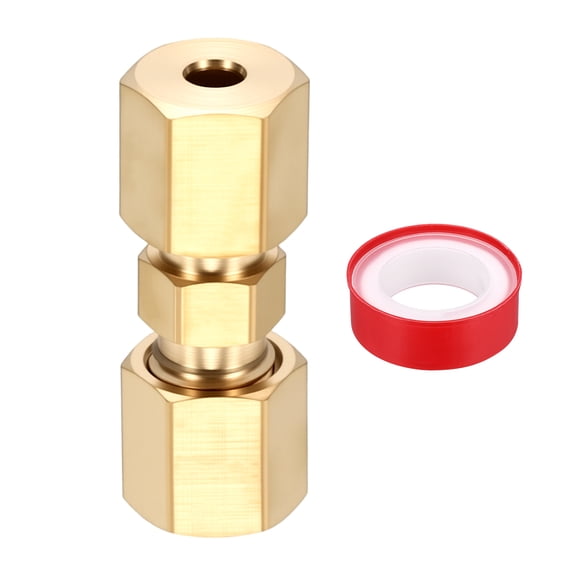 1 Pack Brass Compression Tube Pipe Fitting, 1/8" OD Compression Union Connector, Straight Coupling Adapter Pipe Fitting with Double Ferrules Tape for Air, Water, Oil, Pipelines