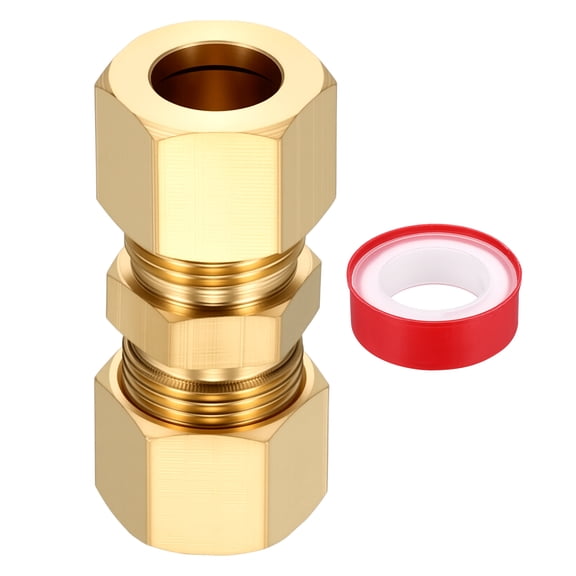 1 Pack Brass Compression Tube Pipe Fitting, 3/8" OD Compression Union Connector, Straight Coupling Adapter Pipe Fitting with Double Ferrules Tape for Air, Water, Oil, Pipelines